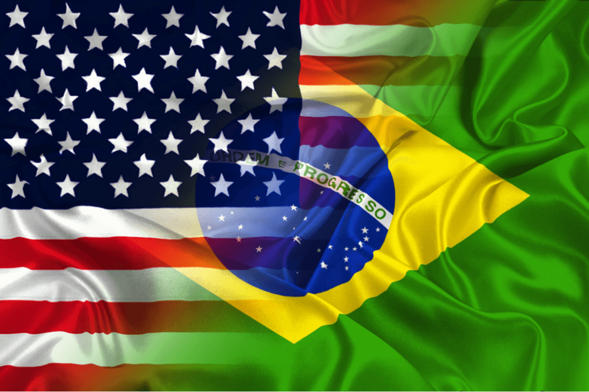 Montagem de imagem da bandeira dos estados unidos e bandeira do Brasil se sobrepondo