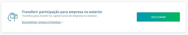 A natureza de operação para quem quer tirar o visto de investidor é "Transferir participação para empresa no exterior"