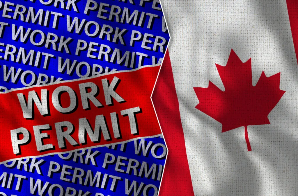 Montagem com a bandeira do Canadá, simbolizando a permissão para trabalhar no país (work permit). 