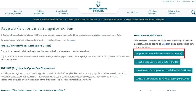 Ao acessar a página de Registro de capitais estrangeiros do Banco Central, procure o sistema RDE-ROF no lado direito da tela.