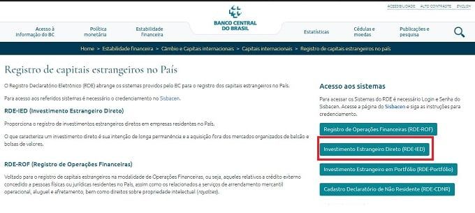 Ao acessar a página de Registro de capitais estrangeiros do Banco Central, procure o sistema RDE-IED no lado direito da tela.