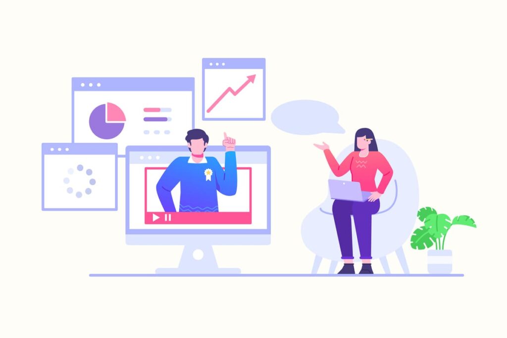 Ilustração com Youtuber ensinando técnicas de SEO.