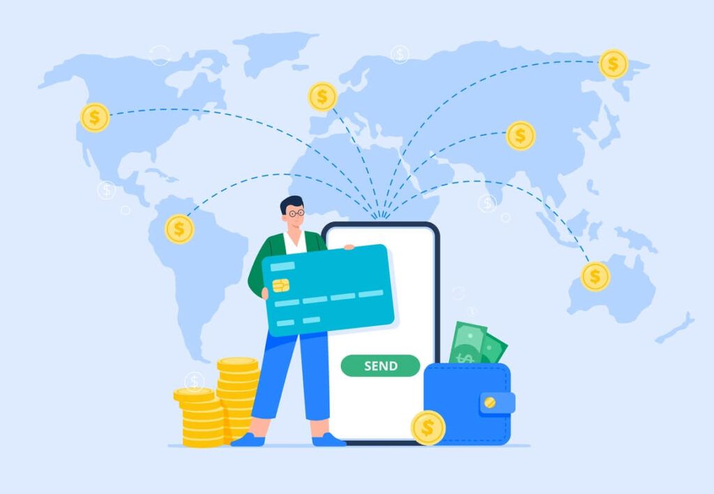 Ilustração com homem, smartphone, cartão de crédito, carteira, moedas e um fundo mostrando o mapa-múndi, representando a escolha entre Melhor Câmbio e Remessa Online.