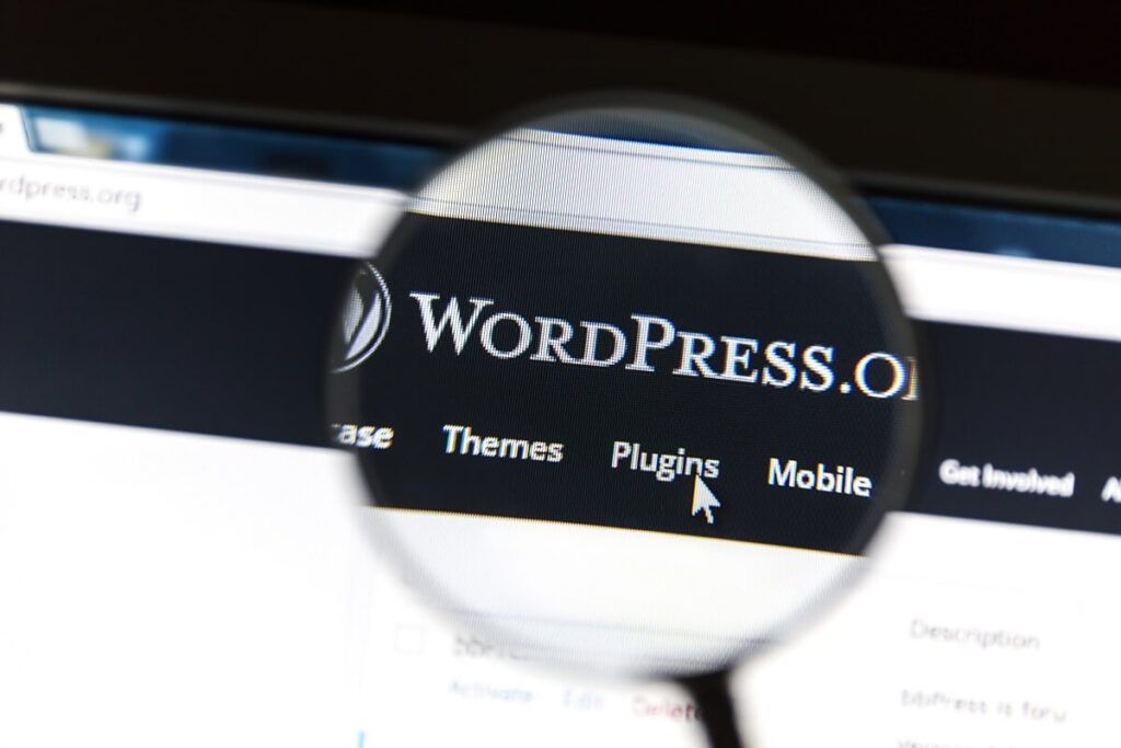 O site Wordpress sob uma lupa apontando para plugins