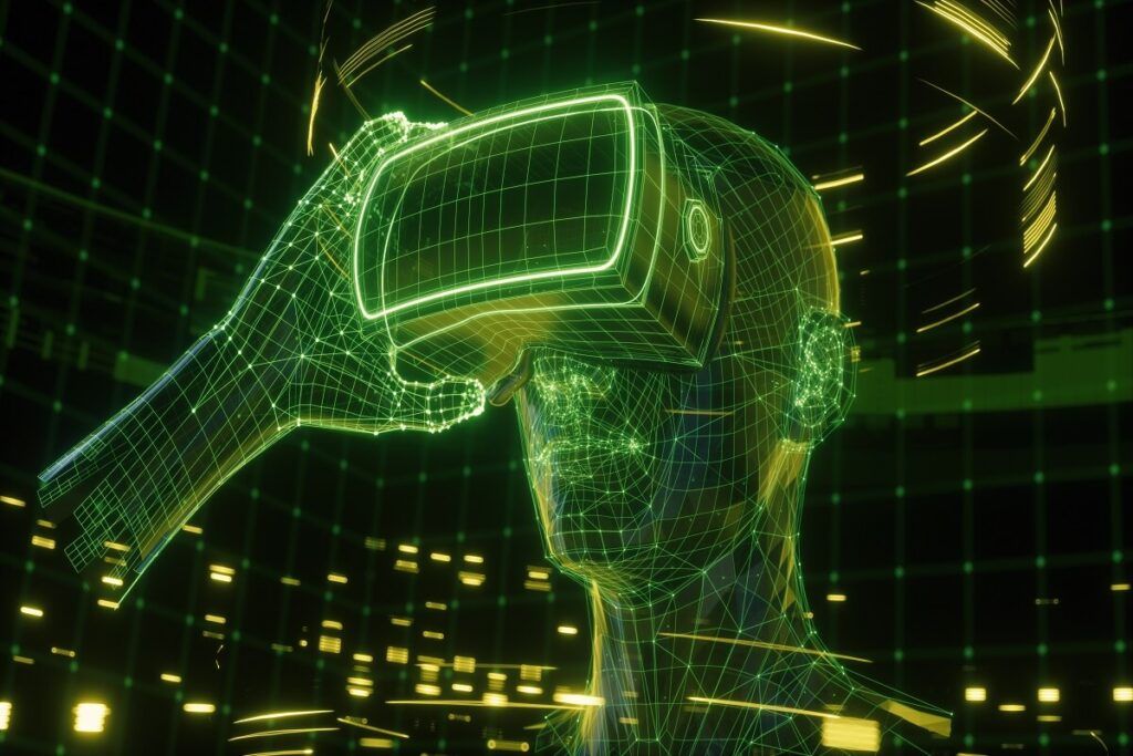 Renderização 3D, visualização de um homem segurando óculos de realidade virtual, dispositivo eletrônico, cabeça cercada por dados virtuais com grade verde neon. Jogador um pronto para o jogo VR. Experiência virtual.