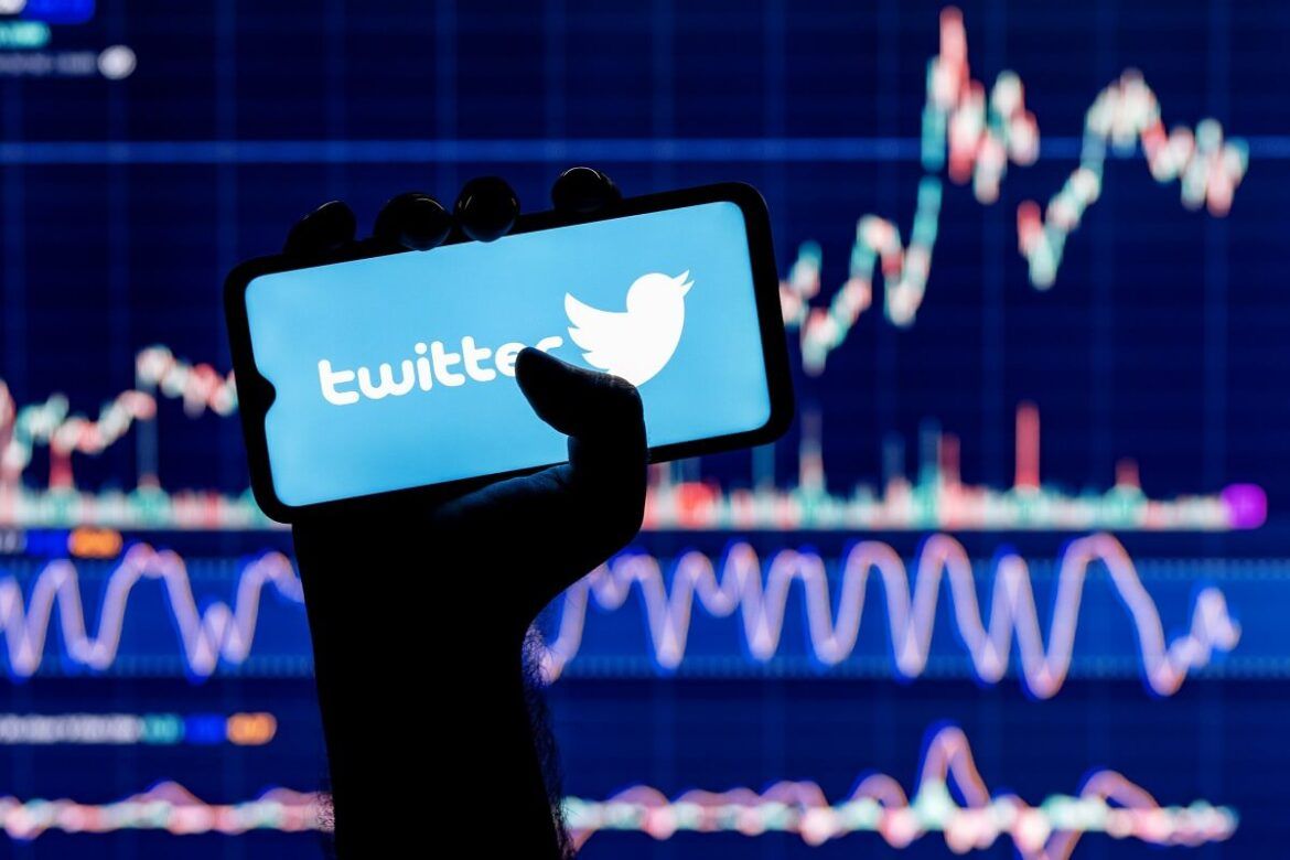 Celular na mão de uma pessoa com o aplicativo do Twitter aberto e ao fundo gráficos crescendo mostrando as ações do Twitter disparando