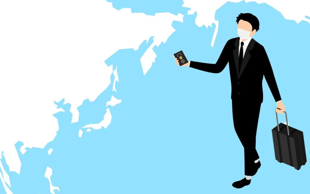 Ilustração de um homem indo trabalhar na Europa, carregando sua mala e seu passaporte, e usando máscara.