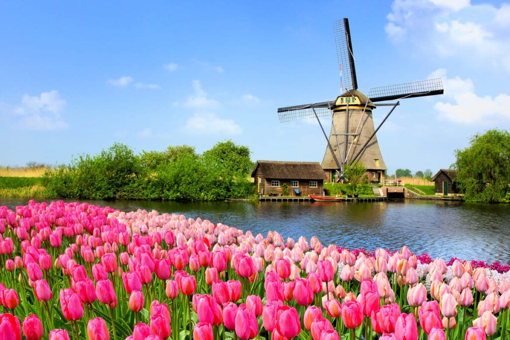Vilarejo com Moinho de vento na Holanda.