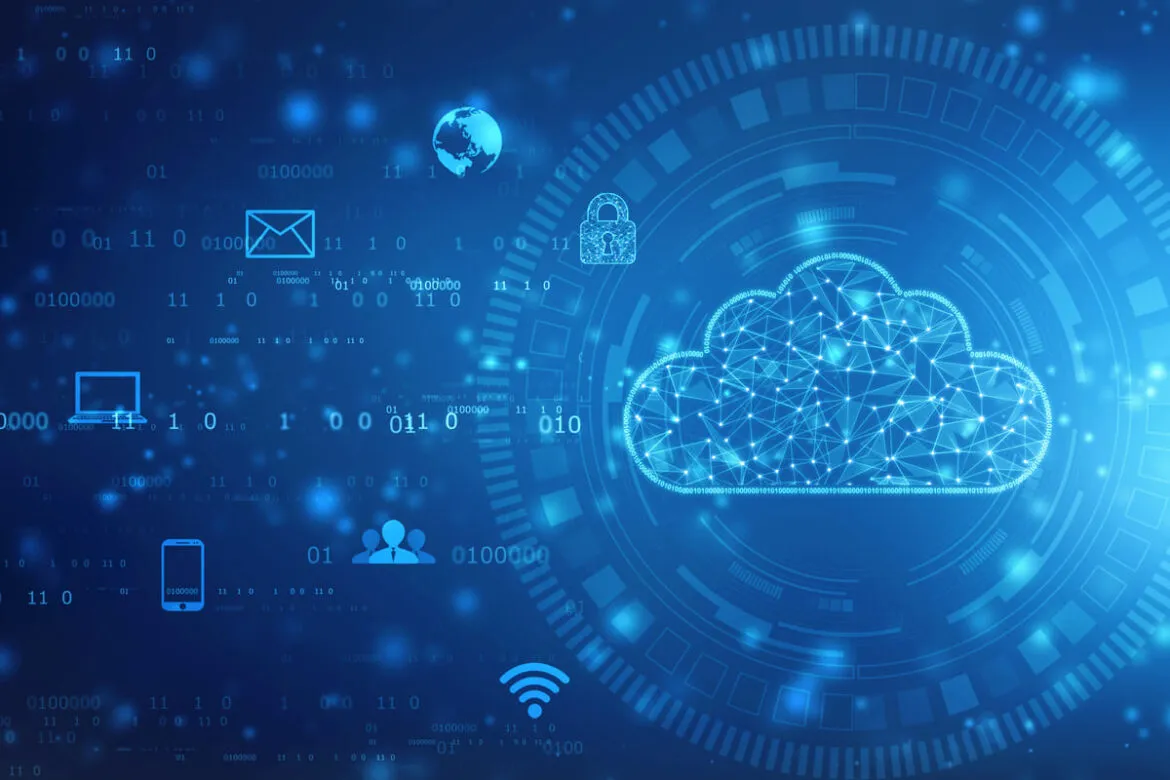 Ilustração de uma nuvem em volta de vários aparelhos tecnológicos representando o cloud computing.
