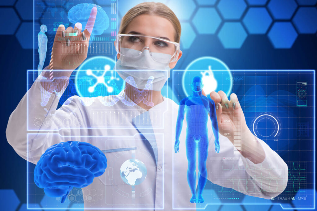 Médica usando inteligência artificial.