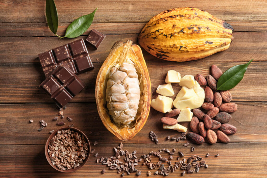 Imagens de cacau e chocolates brasileiros em uma mesa