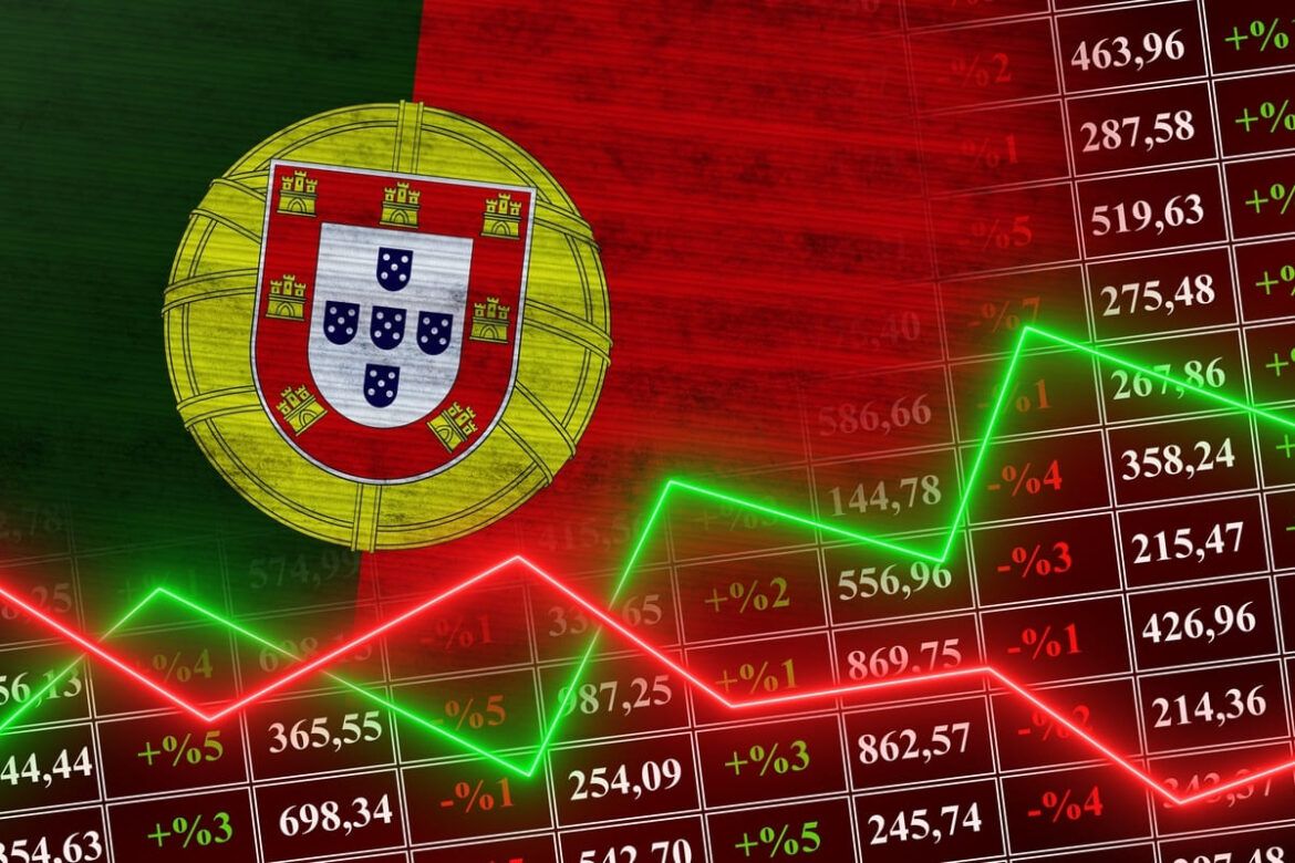 Gráficos sobrepostos a bandeira portuguesa representando o Golden Visa Portugal.