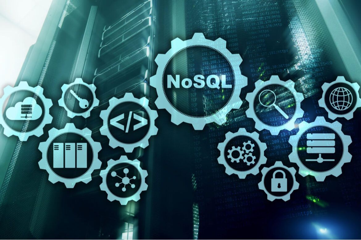 Holograma azul com vários símbolos de tecnologia, segurança e um escrito NoSQL
