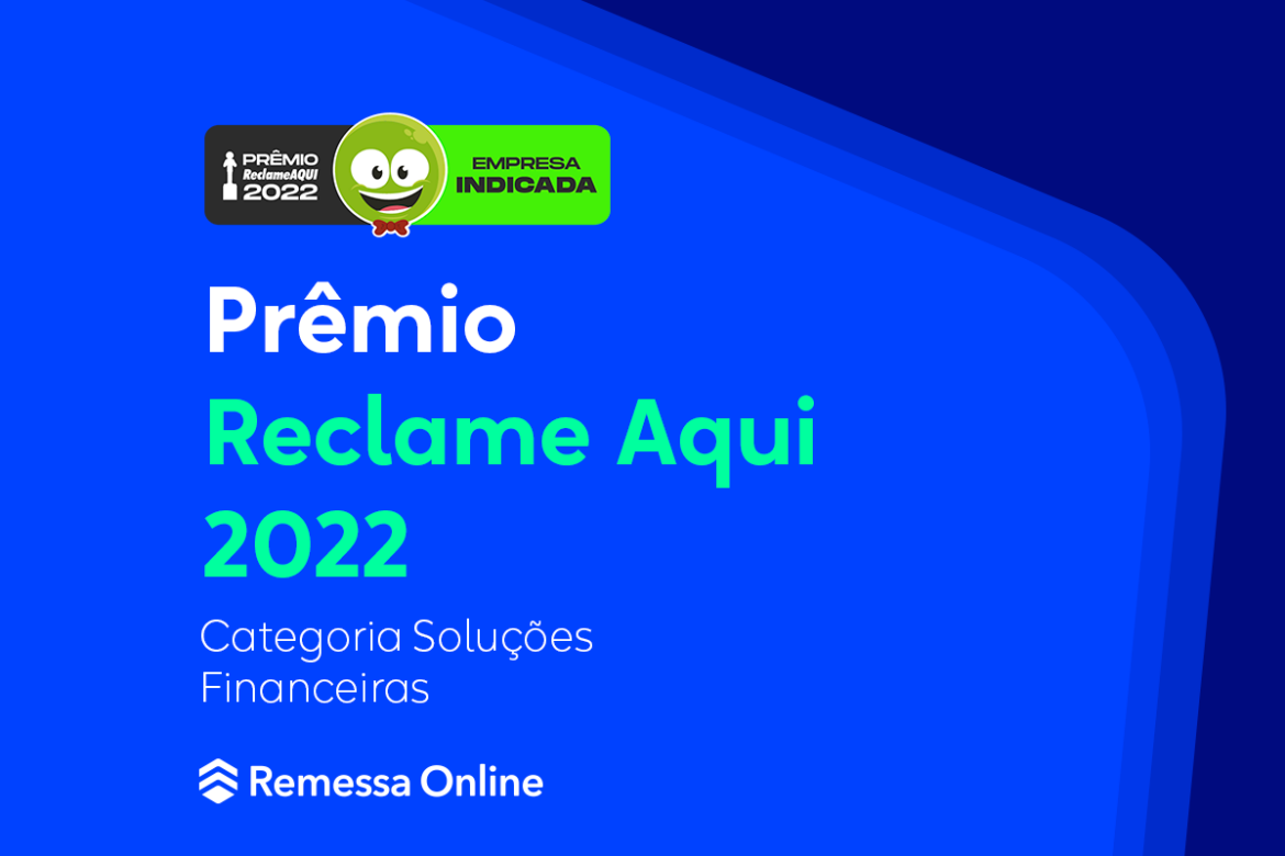 Arte com o selo de indicação ao Prêmio Reclame Aqui escrito "Prêmio Reclame Aqui 2022, categoria Soluções Financeiras"