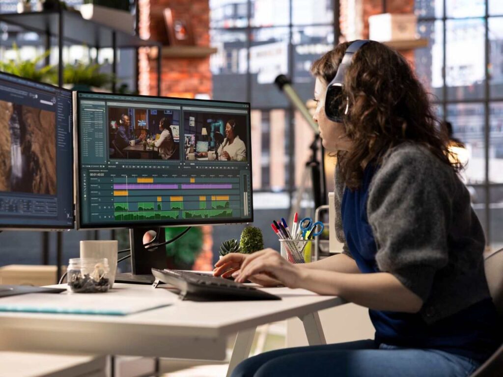 Mulher concentrada editando vídeo online