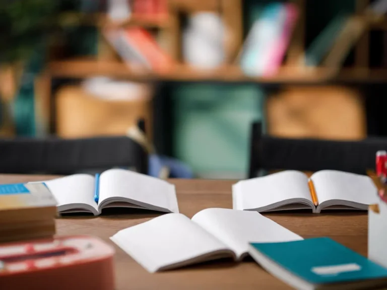 Livros e cadernos abertos sobre uma mesa de madeira em uma biblioteca, questionando se publicar livro na Amazon vale a pena para novos autores.