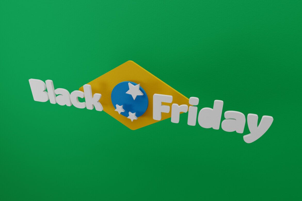 Uma arte que mistura a bandeira do Brasil com a palavra Black Friday em destaque