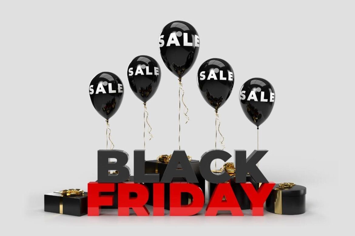 Balões de "vende-se" para explicar como economizar na Black Friday.