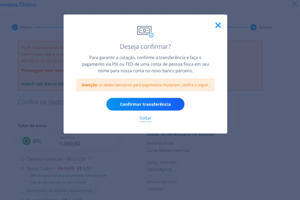 Captura de tela do processo de envio de transferência para os EUA