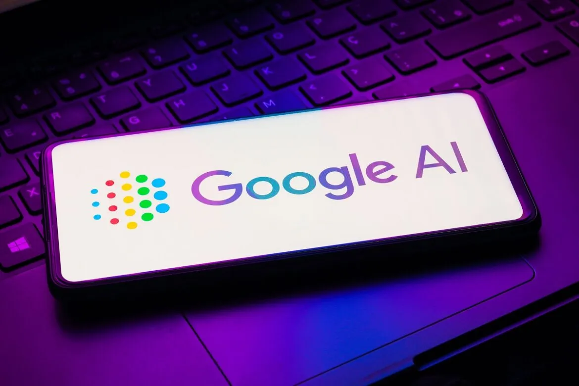 Uma smartphone mostrando o logo do Google e o termo IA ao lado