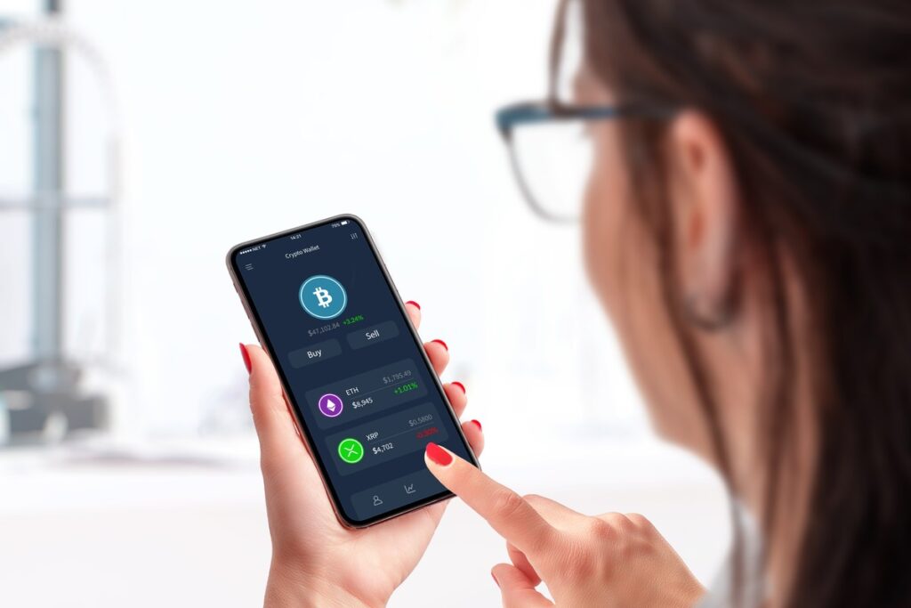 Mulher acessando uma hot wallet pela tela do smartphone.