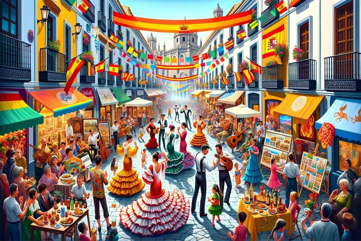 Festa colorida com danças tradicionais na celebração do Dia de Andaluzia.