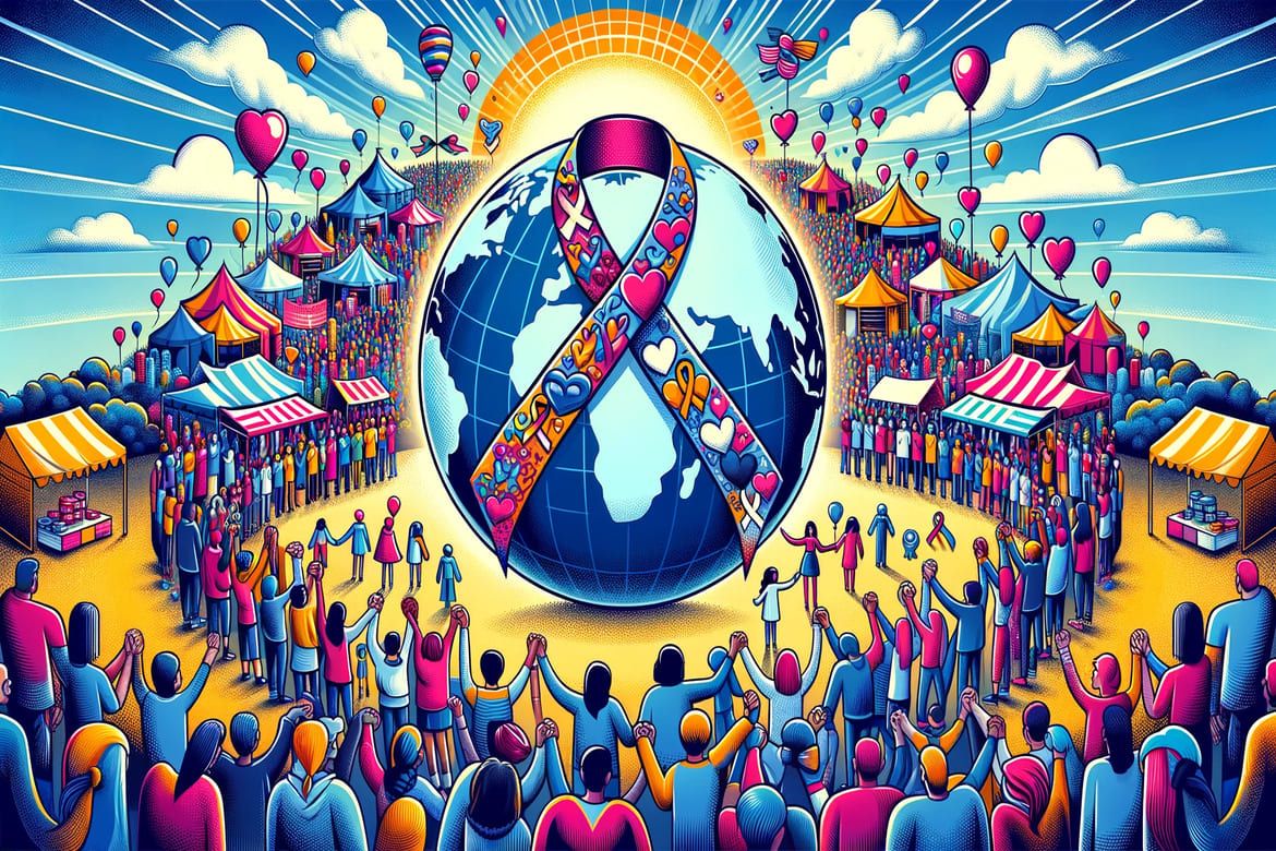 Pessoas unidas ao redor de um globo decorado, simbolizando apoio às doenças raras.