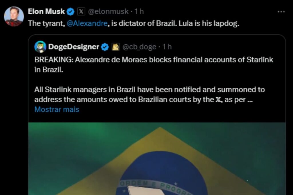 Elon Musk chamando Alexandre de Moraes de ditador