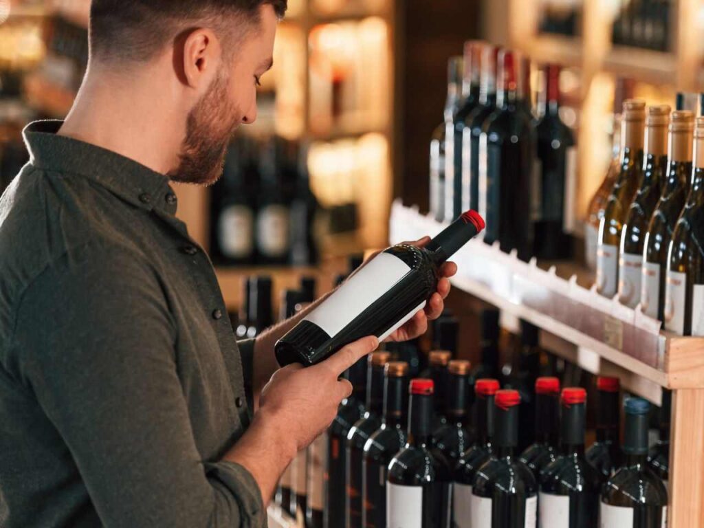 Homem lendo rótulo de vinho português
