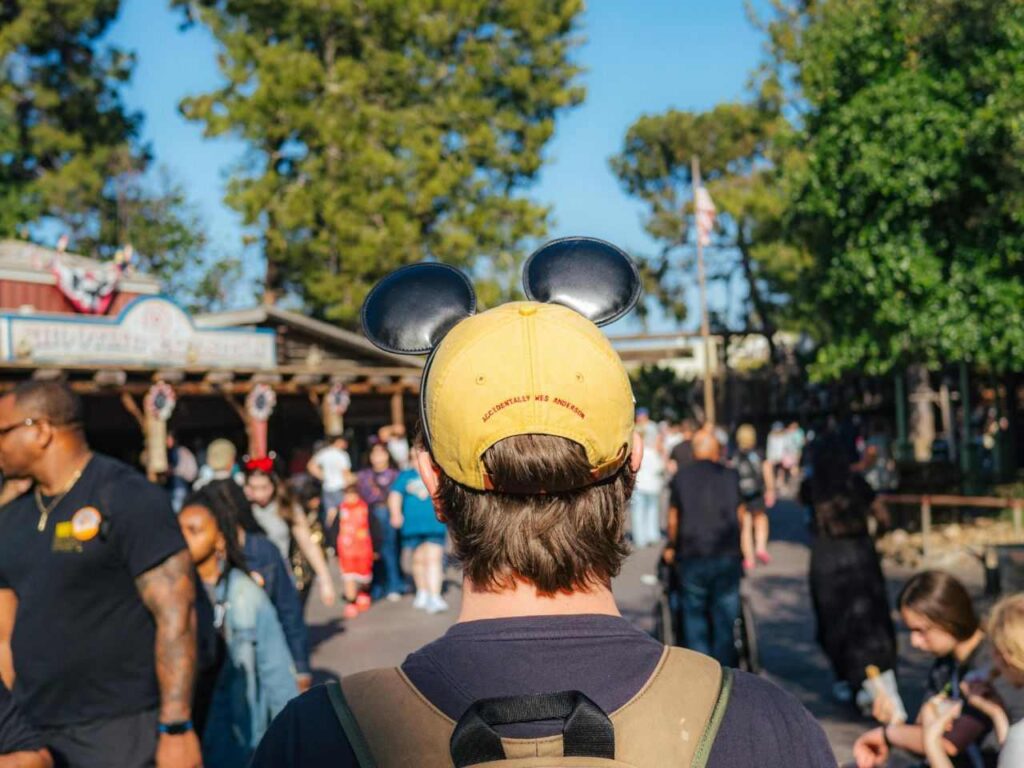 Homem passeando pelos parques da Disney.