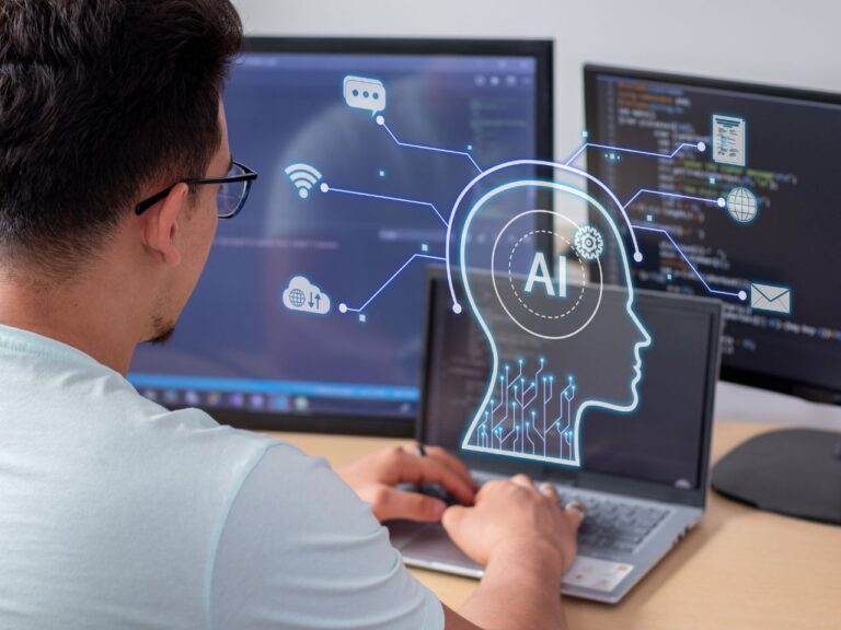 Homem pesquisando sobre a lei da Inteligência Artificial.