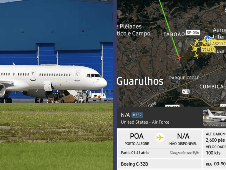Um avião americano no Brasil chamou atenção nesta terça-feira (19/08) ao aterrissar em Porto Alegre sem qualquer identificação externa.