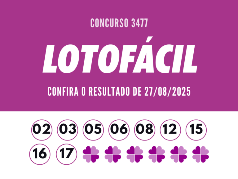 Resultado Lotofácil 3477, do dia 23/08/2025. Números sorteados