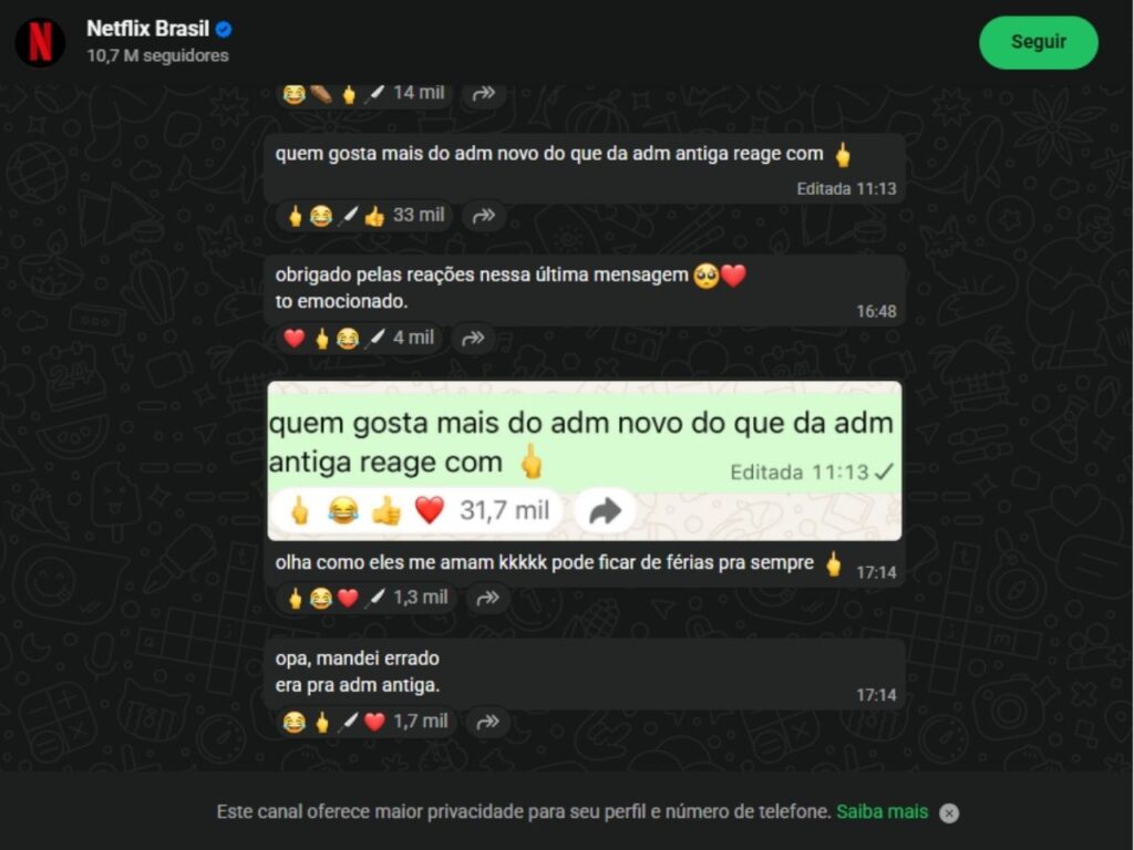 Mensagens do canal no WhatsApp da Netflix