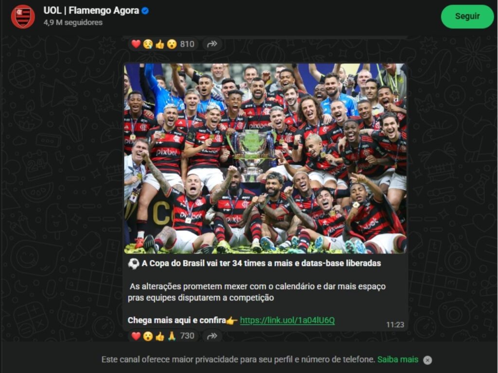 Mensagens do canal no WhatsApp do Flamengo