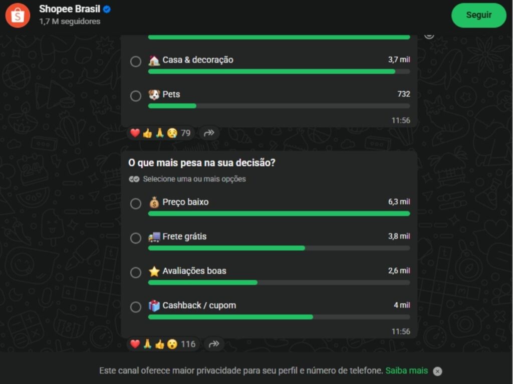 Mensagens do canal no WhatsApp da Shopee