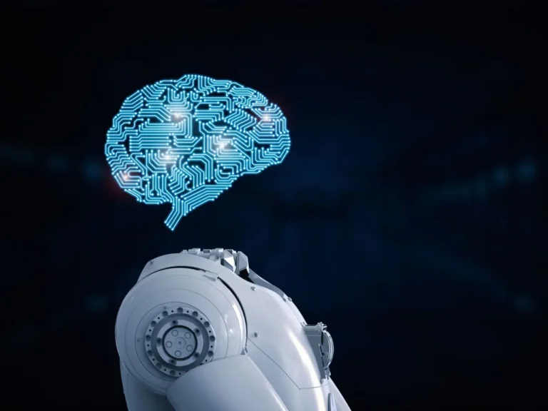 Ilustração de um robô futurista com um cérebro digital brilhante em circuitos, representando a inteligência e o poder dos agentes de ia.