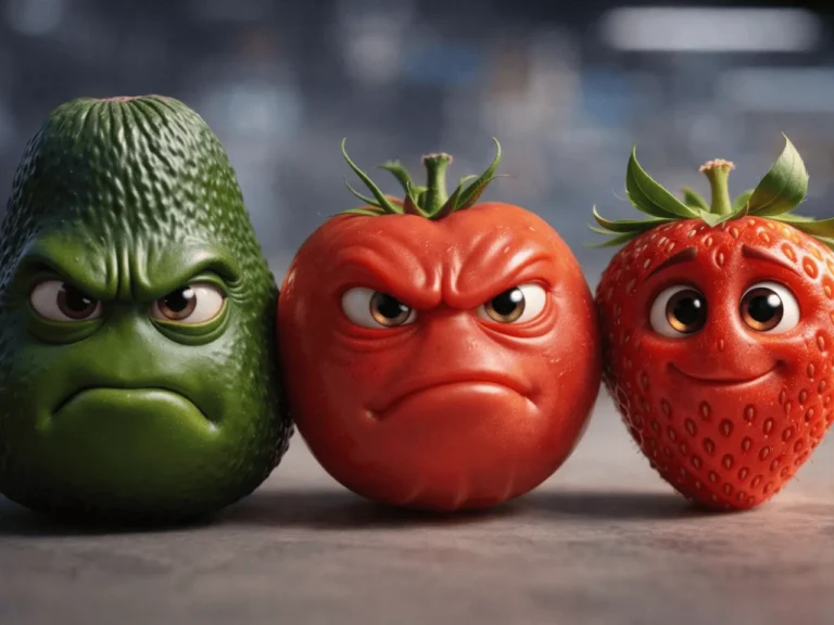 Abacate e tomate com expressões bravas ao lado de um morango sorridente, exemplificando como fazer vídeo das frutas falantes com animação 3D.