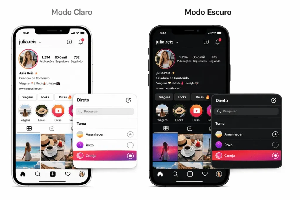 Comparativo entre as interfaces de um perfil do Instagram em Modo Claro e Modo Escuro, destacando o menu de seleção de temas para mensagens diretas.