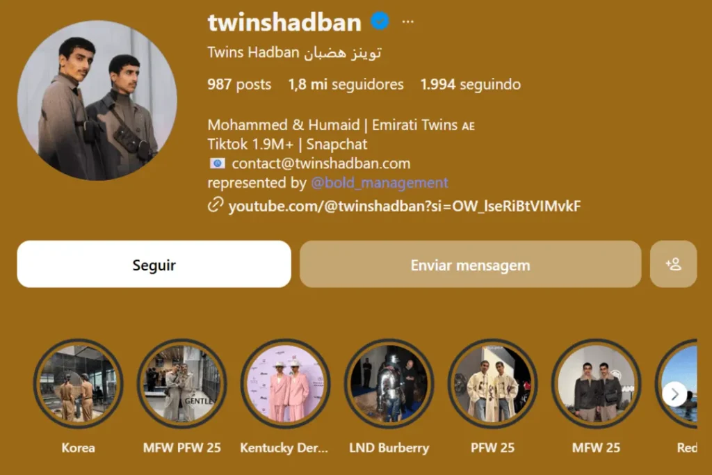 Captura de tela do perfil de Twins Hadban no Instagram, com fundo ocre, exibindo foto dos gêmeos, biografia, botão de seguir e círculos de destaques.