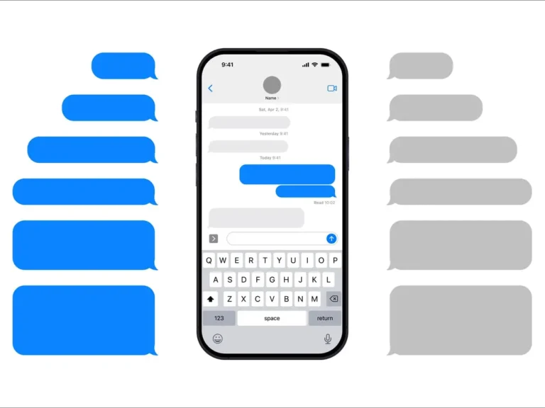Smartphone exibindo uma conversa no iMessage, cercado por bolhas de texto em azul e cinza, ilustrando a interface de mensagens da Apple.