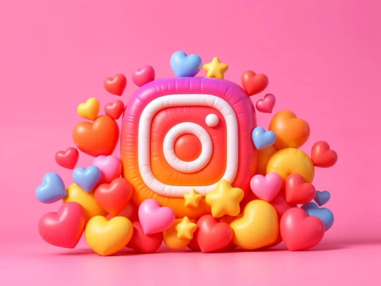 Logotipo 3D do Instagram cercado por diversos corações e estrelas coloridas em relevo sobre um fundo rosa, ilustrando um Instagram colorido.