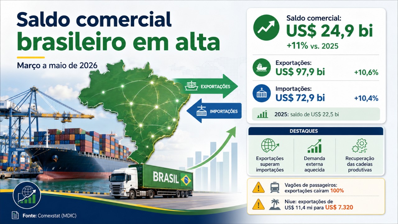 Balança comercial do Brasil em 2026 com superávit de US$ 24,9 bilhões