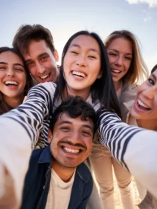 Grupo de pessoas sorrindo representando um estilo de vida saudável e conectado.