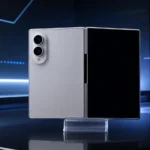 Samsung Galaxy Z Fold 8 aberto e fechado, com tela dobrável, formato mais largo e conjunto de câmeras traseiras.