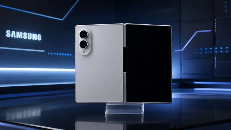 Samsung Galaxy Z Fold 8 aberto e fechado, com tela dobrável, formato mais largo e conjunto de câmeras traseiras.